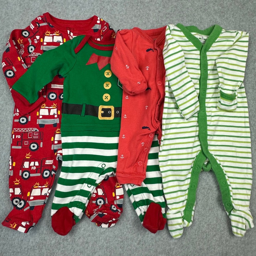 Mixed Brand Baby Boys Girls 0-3M Footie Pajamas Romper Bundle Fire Truck Elf 4pc
